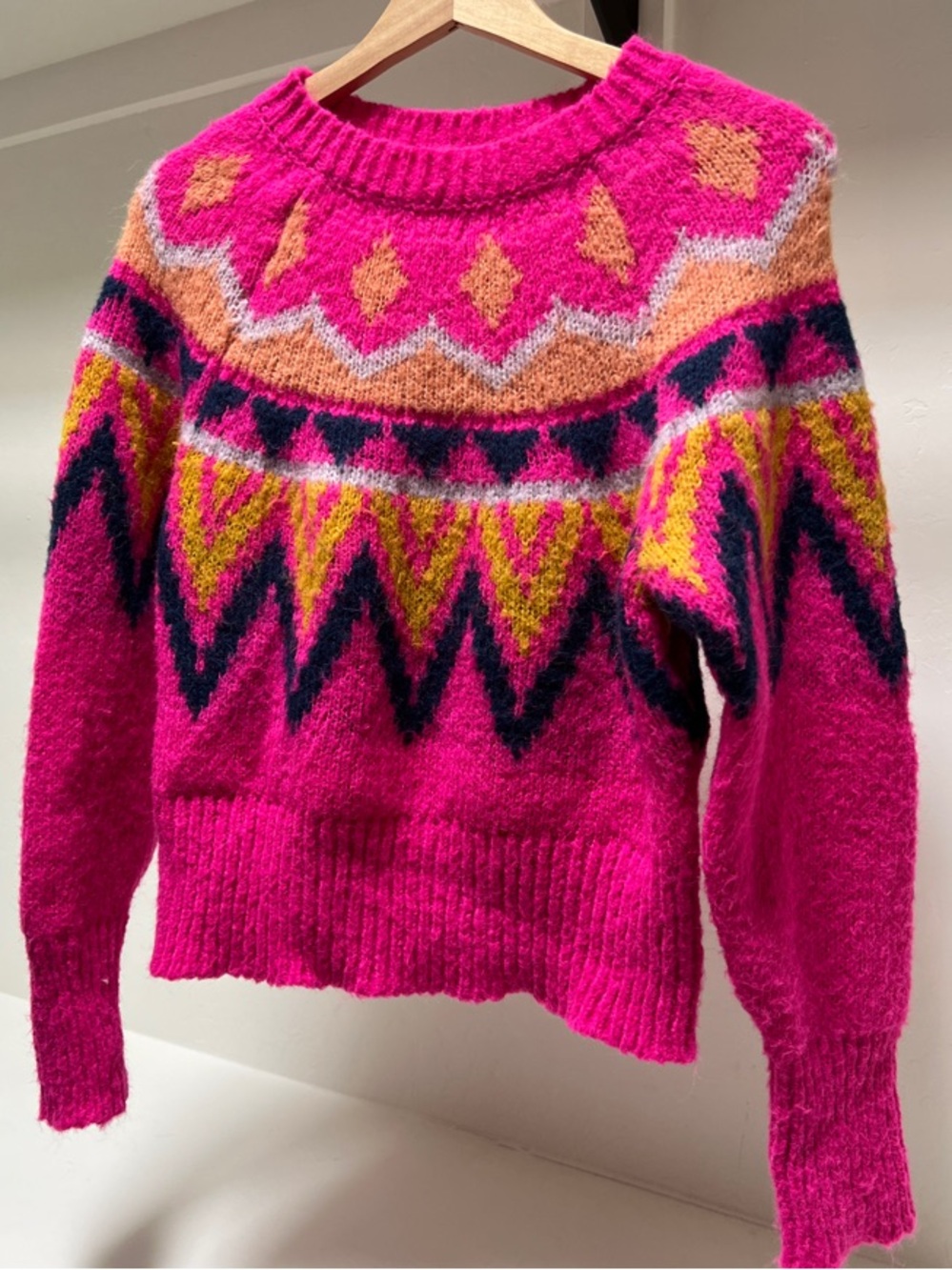 Hot Pink Multicolor Fair Isle Crewneck Sweater